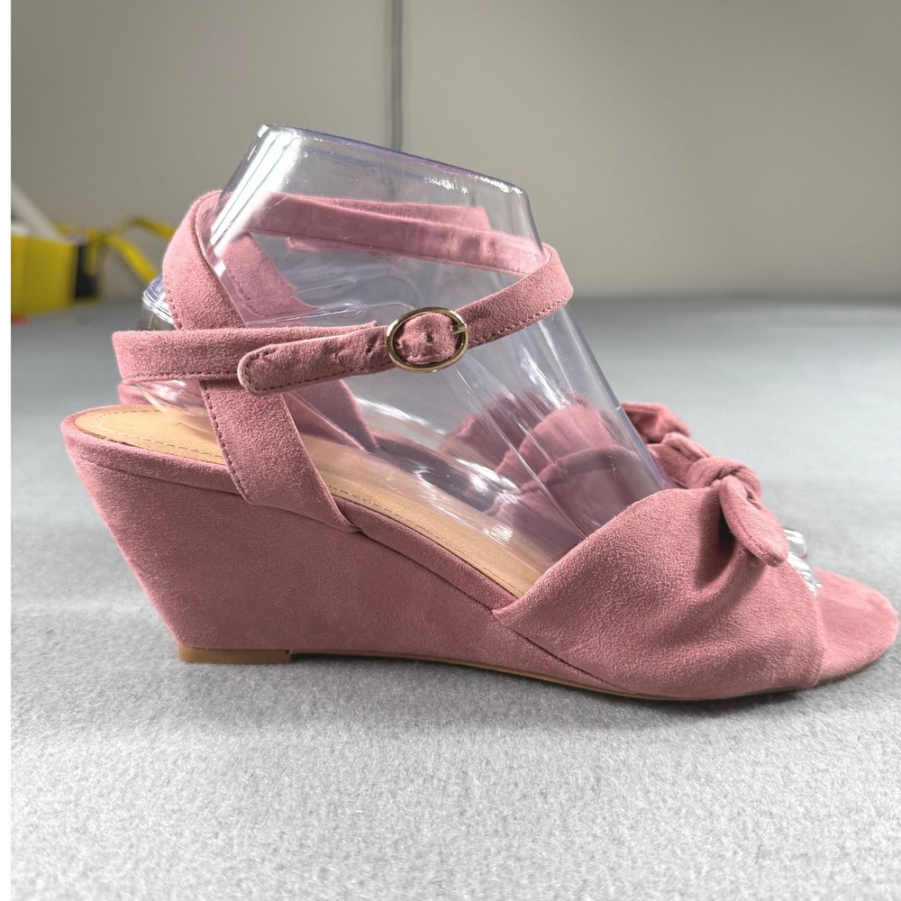 LOFT Blush Pink Suede Bow Wedge Heels Ankle Strap Sandals 9.5 Feminine Wedding - Picture 2 of 10